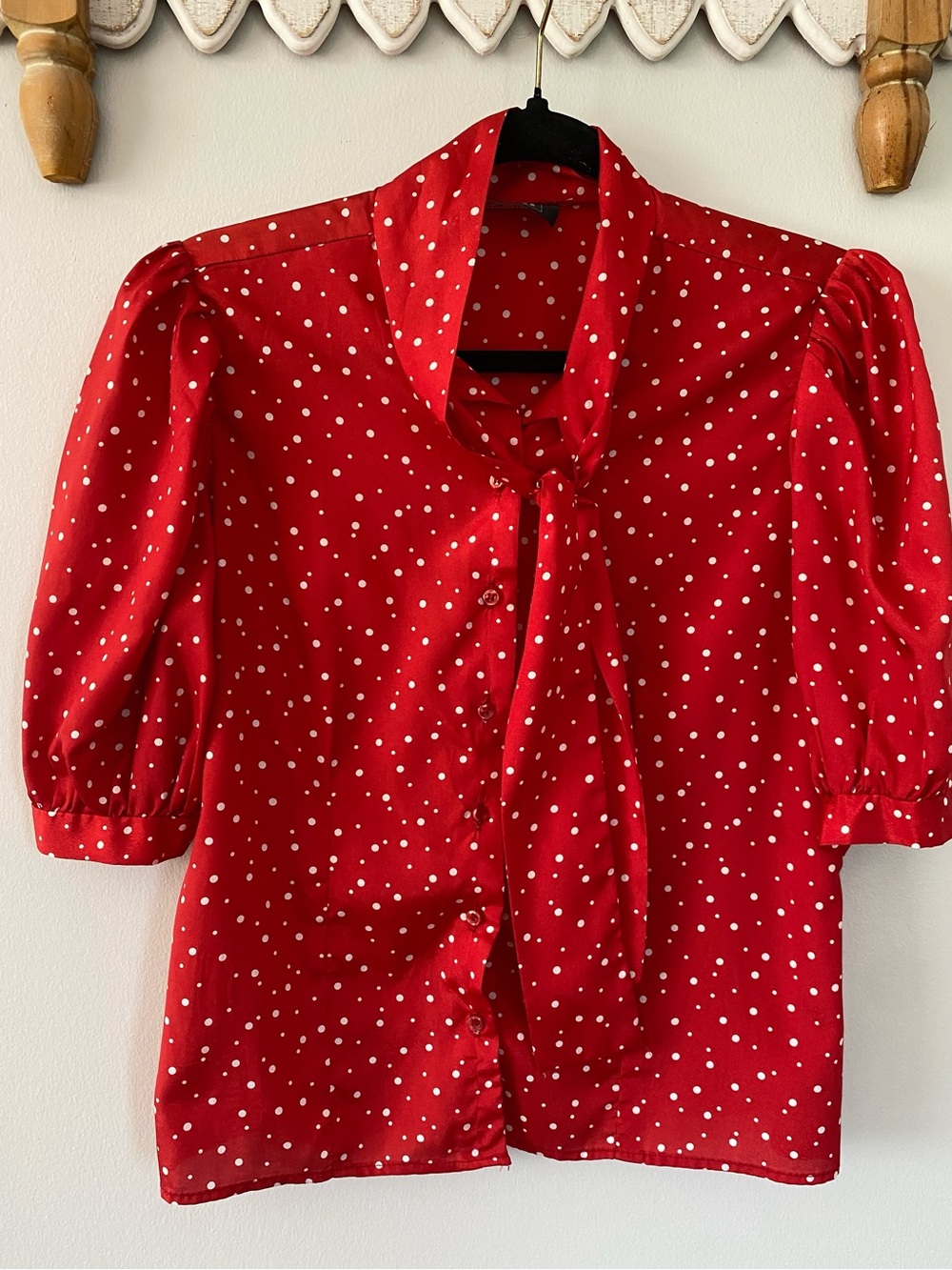 Red Polka Dot Retro Tie-Neck Blouse - Women's Top